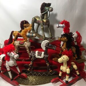 Vintage Lot of 8 Rocking Horse Christmas Wood Decor Large & Medium Wooden